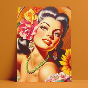 Vintage Solros Girl Vykort