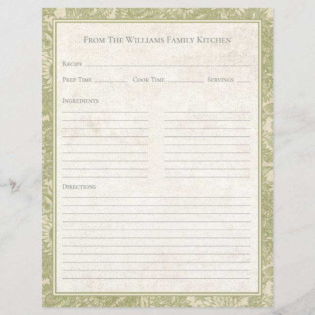 Vintage solros Toile Sage recept papper blad (Framsida)
