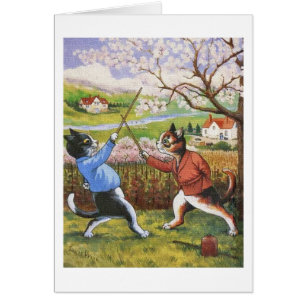 Vintage som duellerar kattkonst av Louis Wain Hälsningskort