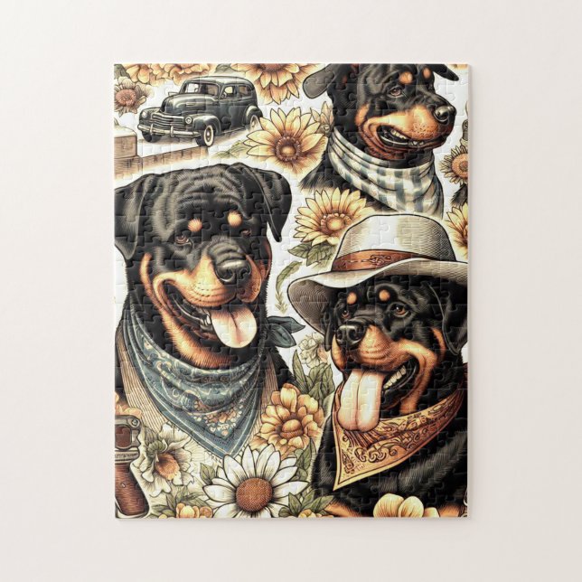 Vintage Sömlös illustration av Rottweiler Pussel (Vertikal)