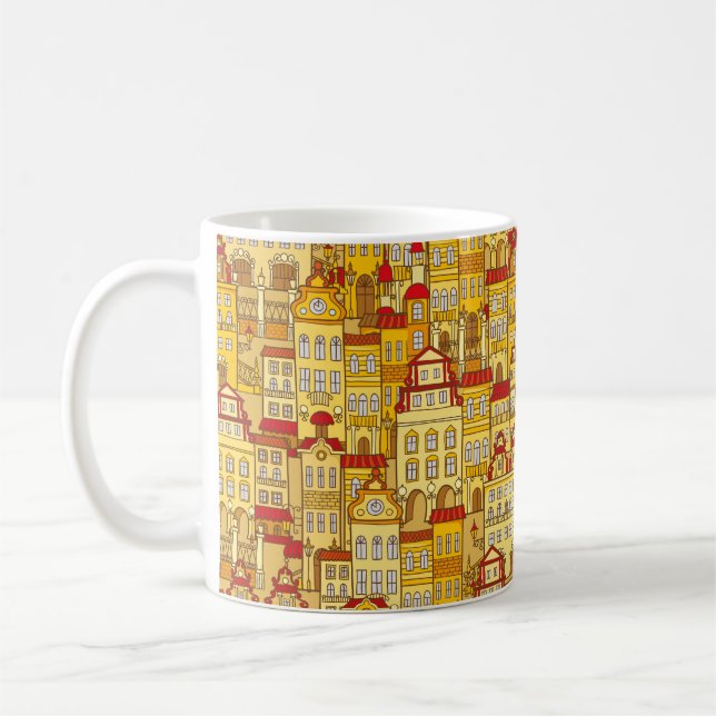 vintage sömlös mönster med färgstarka hus. Dag Kaffemugg (Vänster)