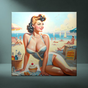 Vintage Sommar Pin-Up Girl Kakelplatta