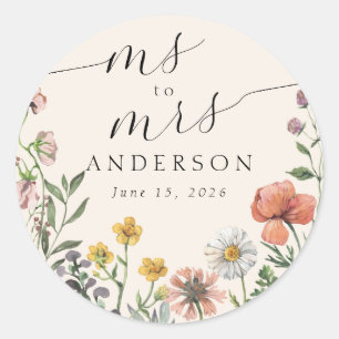 Vintage sommar vildblomma Ms till Mrs bröllopsdusc Runt Klistermärke