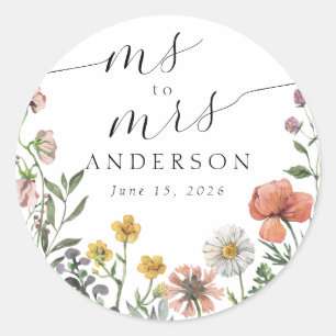 Vintage sommar vildblomma Ms till Mrs bröllopsdusc Runt Klistermärke