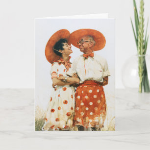 Vintage sommarpar i orange hattar kort