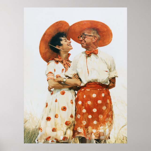 Vintage sommarpar i orange hattar poster (Framsidan)