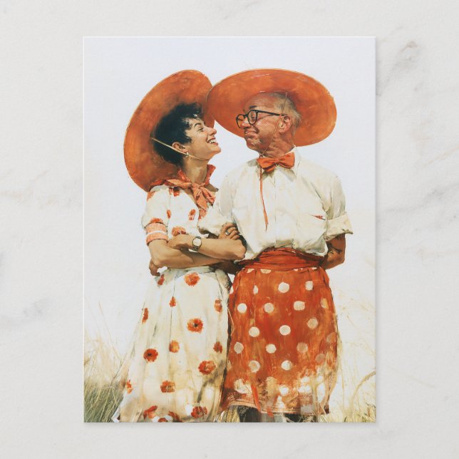 Vintage sommarpar i orange hattar vykort (Framsida)