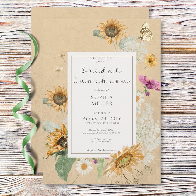 Vintage Sommarsolrosblommans Gult Möhippa Luncheon Inbjudningar (Vintage Summer Sunflower Yellow Bridal Luncheon Invitation)