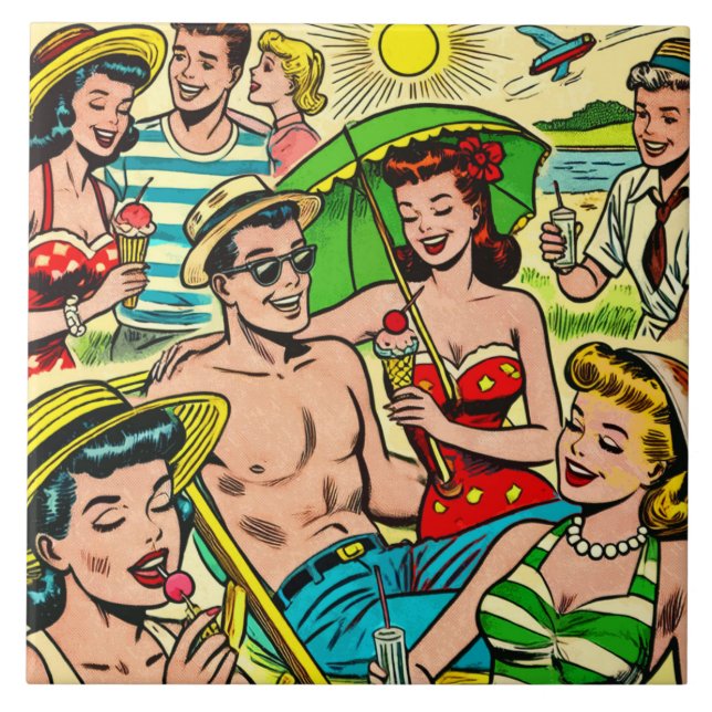 Vintage SommarTecknader Kakelplatta (Framsidan)