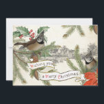 Vintage Songbird God jul Village Evergreen Julkort<br><div class="desc">Två europeiska sjöfåglar på evergreen boughs adorated with holly and poinsettia med en liten stad i avstånd. Vintagens banderoll lyder: "Önskar en God jul."</div>