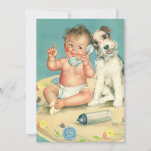 Vintage Söt Baby Telefon Valp Hund Bebis Shower Inbjudningar