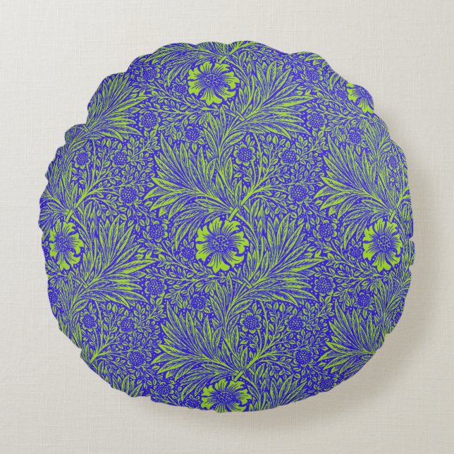 Vintage söt blue lime green blommönster rund kudde (Framsidan)