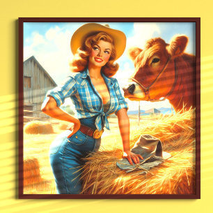 Vintage Söt Cowgirl Pin-up Poster