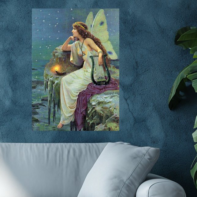 Vintage Söt Fairy Fae Harp Candle Ocean Poster (Pretty Fairy on cliff by sea harp lit candle on artwork poster.)