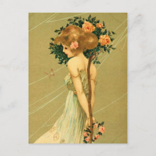 Vintage Söt Girl Girl with Rosa ros and Butterfly Vykort