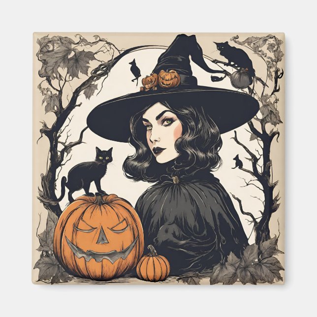 Vintage Söt Halloween Witch med Svarta katter Magnet (Framsidan)