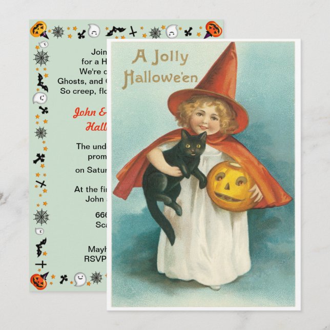 Vintage Söt Häxa Med Katt Halloween Inbjudningar (Fram/baksida)