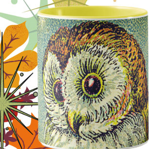 Vintage, söt illustration av uggla bruna teal mugg