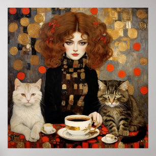 Vintage Söt KVINNOR MED Cute Café Art Poster