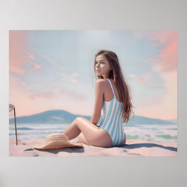 Vintage Söt KVINNOR Sits på Beach Sand Poster