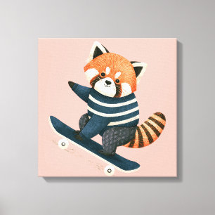 Vintage söt röd panda tvättbjörn skateboardåkning canvastryck