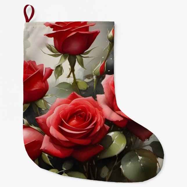 Vintage söt röd ros vattenfärgsmålning stor julstrumpa (Framsidan)
