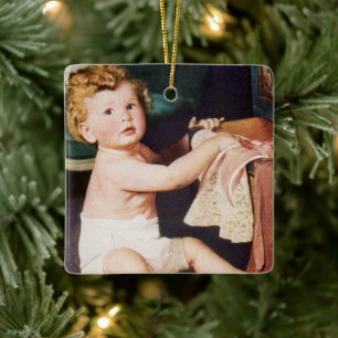 Vintage Söt Småbarn som leker med klädbyrå Julgransprydnad Keramik