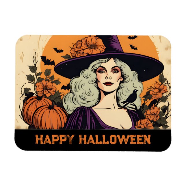 Vintage Söt Woman Witch Flower Happy halloween Magnet (Horisontell)