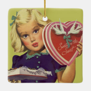 Vintage söta Alla hjärtans dag, flicka med choklad Julgransprydnad Keramik