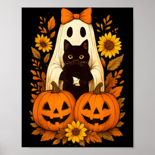 Vintage söta Halloween-spöken som håller svart kat Poster