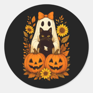 Vintage söta Halloween-spöken som håller svart kat Runt Klistermärke