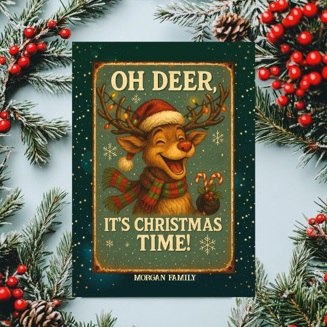Vintage söta renar snöflingor grön helgkort (Skapare uppladdad)