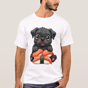 Vintage söta svarta Pug-sushi Cartoon Vector Illus T Shirt