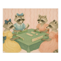Vintage söta tvättbjörnar som spelar Mahjong