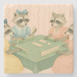 Vintage söta tvättbjörnar som spelar Mahjong Stenunderlägg