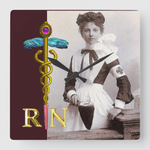 VINTAGE SÖTERSKA och Gul Caduceus NR Emblem Fyrkantig Klocka