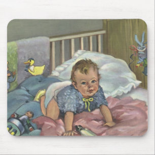 Vintage Sött Baby som leker i spjälsäng, Barns söm Musmatta