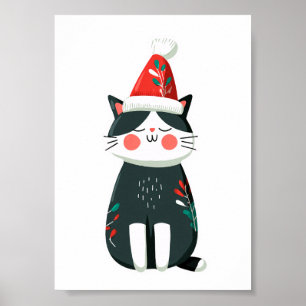 Vintage Sött Katt i Tomtehatt – Mysig Jul Poster