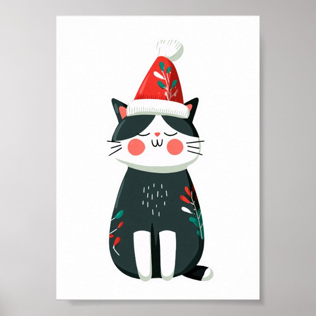 Vintage Sött Katt i Tomtehatt – Mysig Jul Poster (Framsidan)
