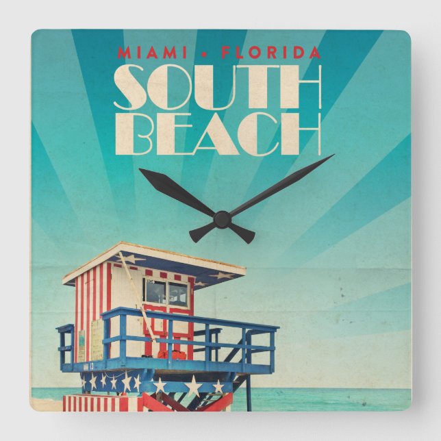 Vintage South Beach Florida Fyrkantig Klocka (Framsida)
