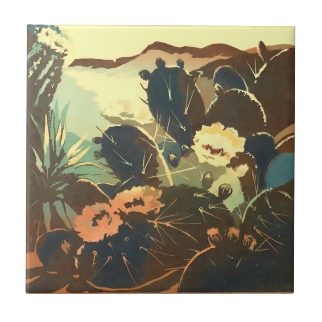Vintage Southwest Desert Cactus Flowers Kakelplatta (Framsidan)
