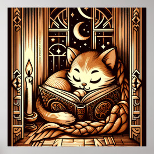 Vintage sovande Art Deco-stil katt med en bok Poster