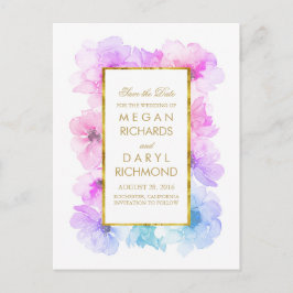 Vintage Spara datum - Guld och Blå Lila Blommor Meddelande Vykort