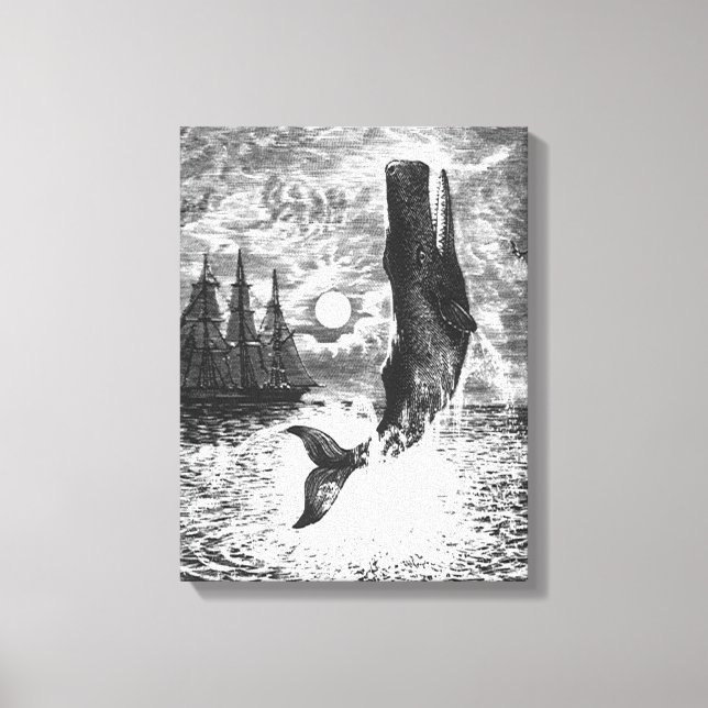 Vintage Sperm Whale Breaching, Marine Life Animals Canvastryck (Framsida)