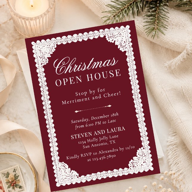Vintage Spets Burgundy Öppet Hus Julfest  Inbjudningar (Skapare uppladdad)