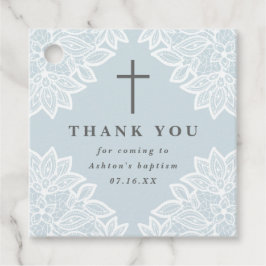 Vintage spets himmelblå dop tack favorabel etikett