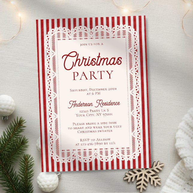 Vintage spets Retro röda ränder julfest Inbjudningar (Skapare uppladdad)