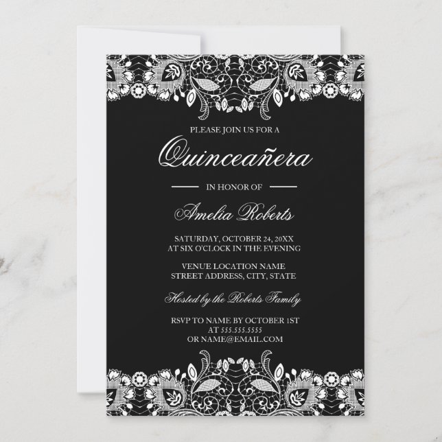 Vintage spets svart vit Quinceanera inbjudan (Framsida)