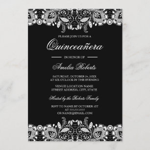 Vintage spets svart vit Quinceanera inbjudan