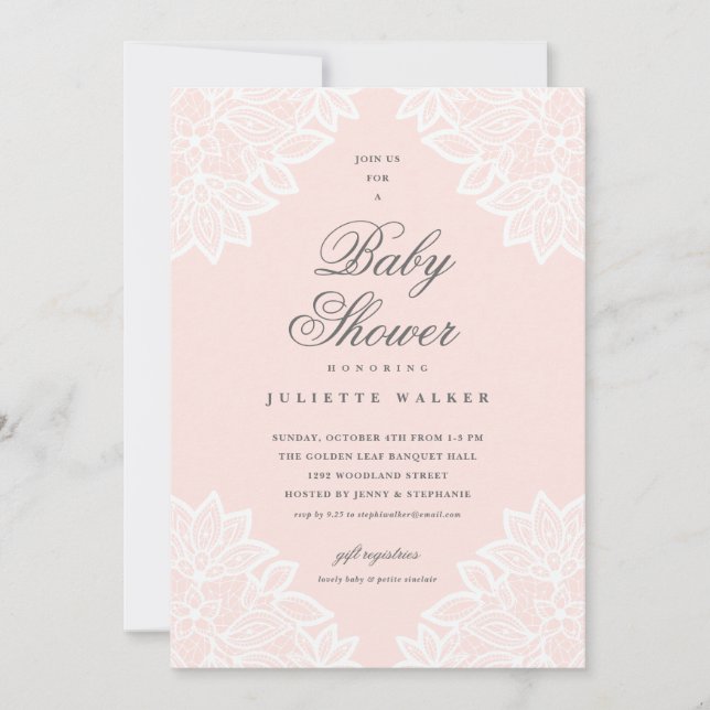 Vintage spetsblommig rosa baby shower-inbjudan meddelande (Framsida)